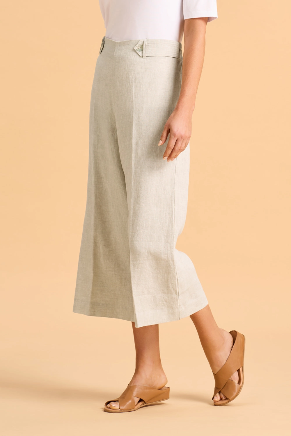 Decorative stitching Hidden Zip Pockets Waist Tab Linen Culotte - Natural Cross Dye