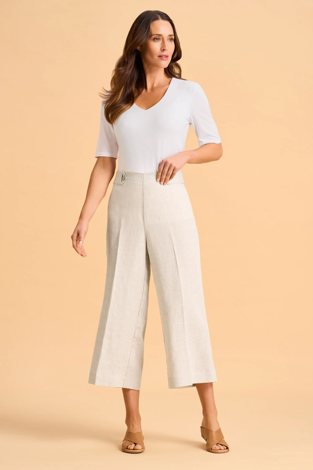 Waist Tab Linen Culotte - Natural Cross Dye High Stretch Fit Cozy Stretch