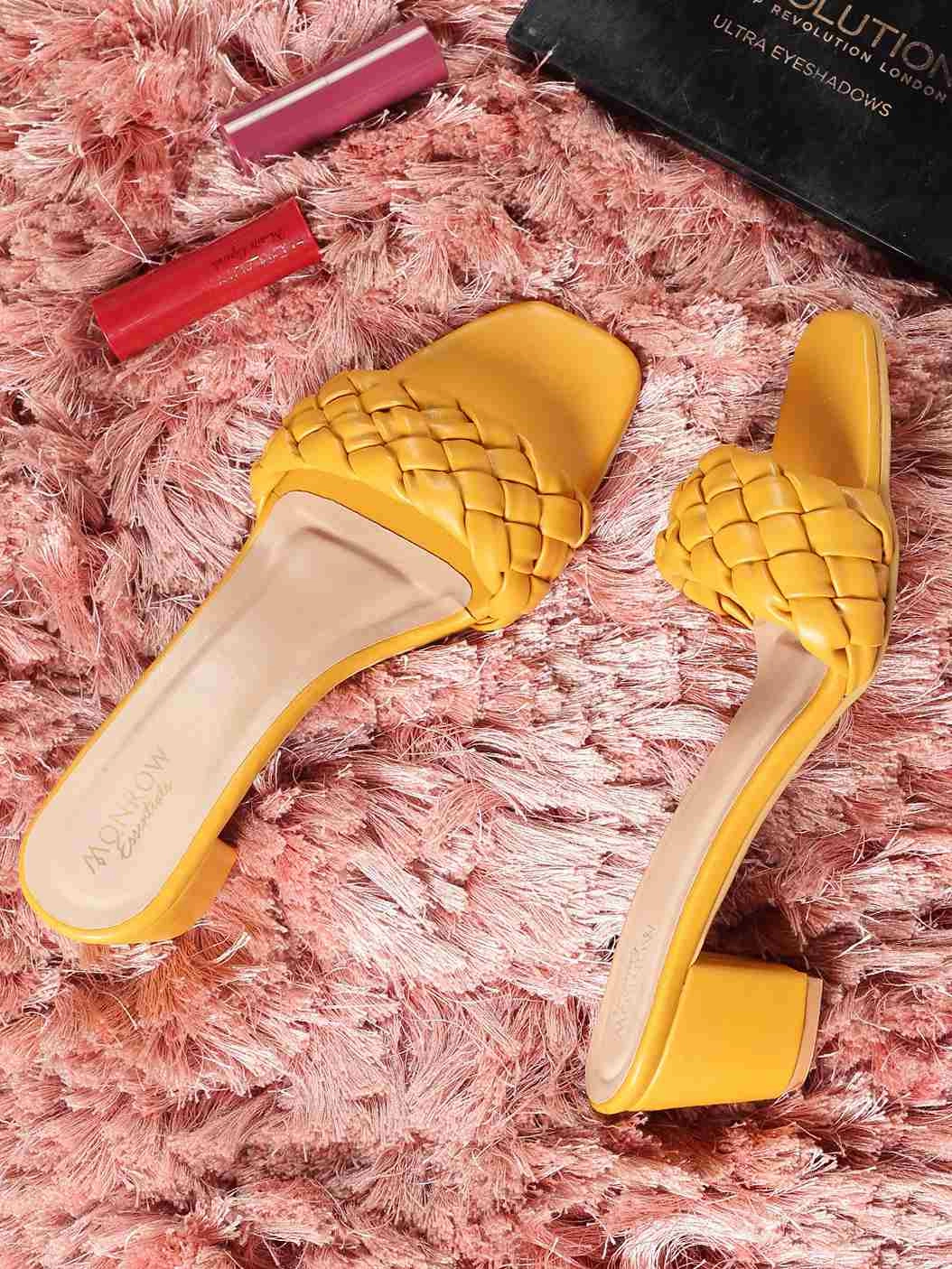 Nao Mustard Yellow Block Heel Textured Heels