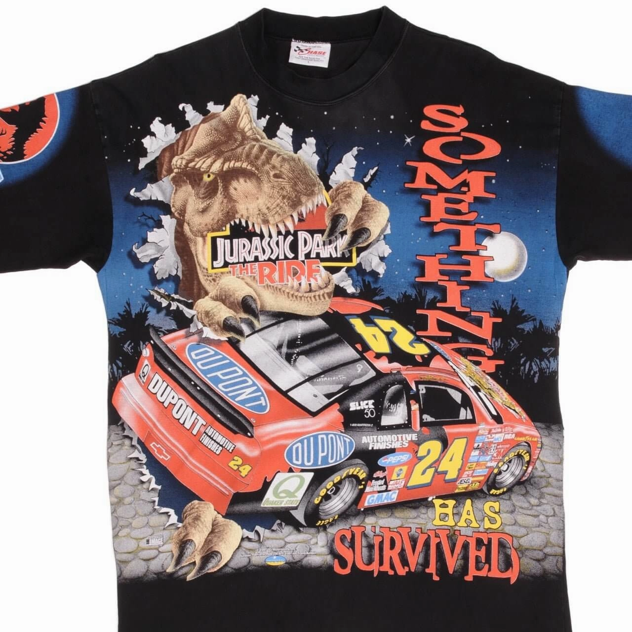 Quick Fit Stretch VINTAGE NASCAR ALL OVER PRINT GORDON JURASSIC PARK 1997 TEE SHIRT LARGE MADE USA