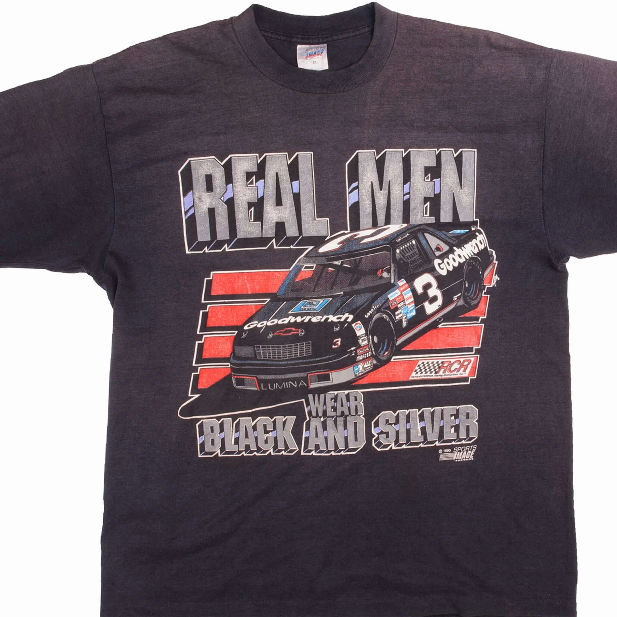 VINTAGE NASCAR REAL MEN WEAR BLACK AND SILVER 1990 TEE SHIRT LARGE MADE IN USA Stretchable Collar Band