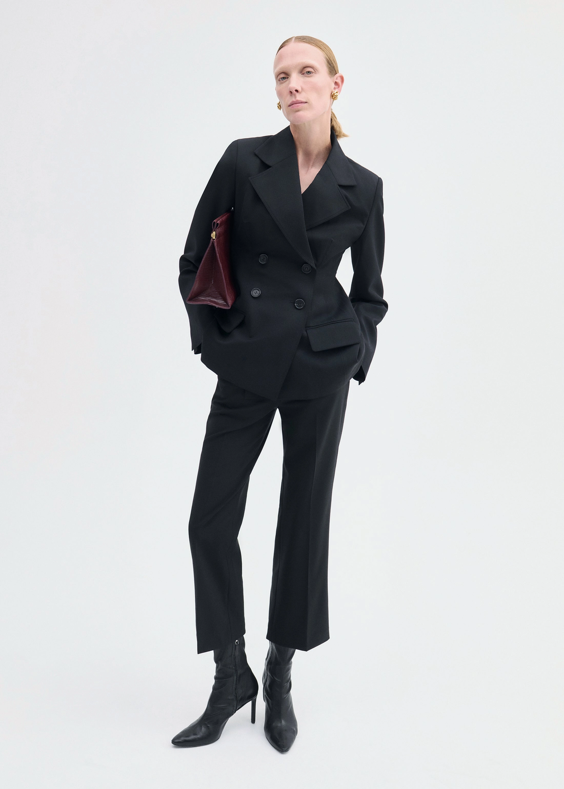 Travel Wear Patchwork Double Breasted Fitted Blazer in Virgin Wool - Black