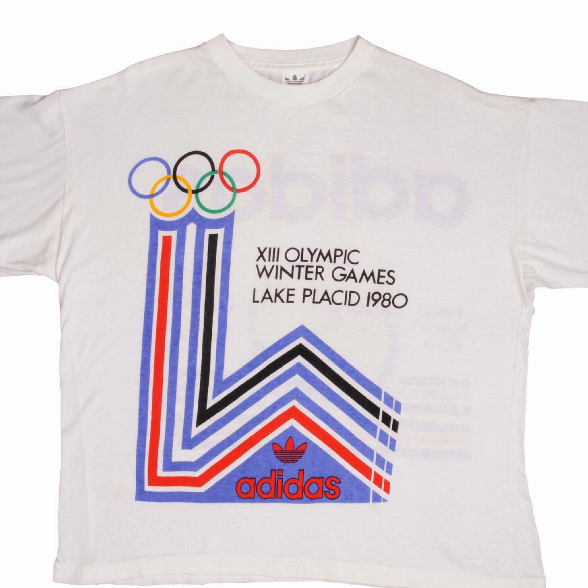 VINTAGE ADIDAS XIII OLYMPIC WINTER GAMES TEE SHIRT 1980 SIZE MEDIUM Laser Cut Edges