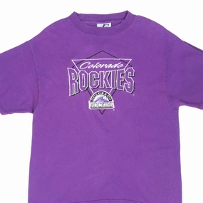 VINTAGE MLB COLORADO ROCKIES EMBROIDERED PURPLE TEE SHIRT 1990S MEDIUM Midweight Knit Anti Static Fabric