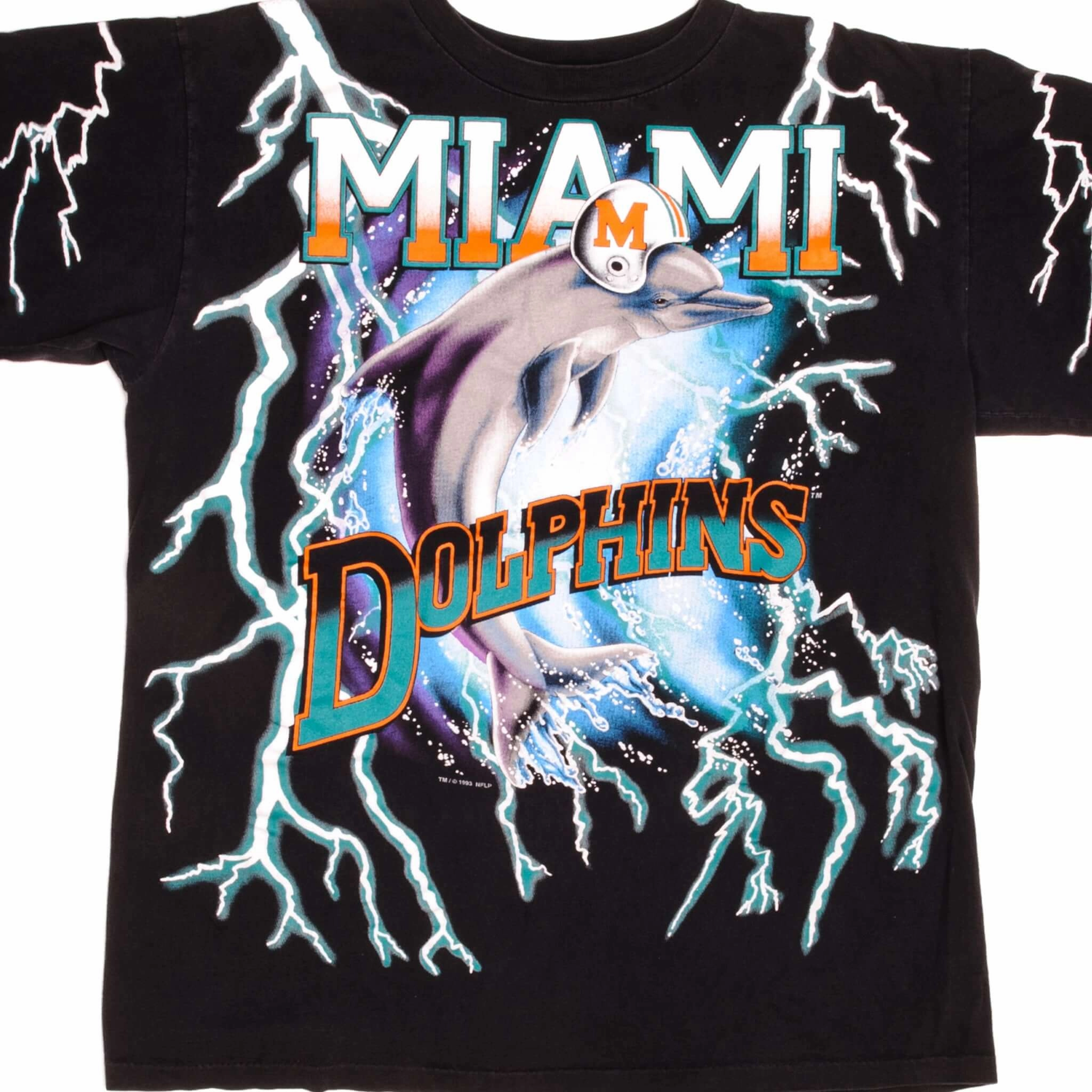 VINTAGE ALL OVER PRINT NFL MIAMI DOLPHINS THUNDER TEE SHIRT 1993 SIZE LARGE MADE IN USA. Timeless Comfort Wear Stretchable Fabric