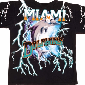 VINTAGE ALL OVER PRINT NFL MIAMI DOLPHINS THUNDER TEE SHIRT 1993 SIZE LARGE MADE IN USA. Timeless Comfort Wear Stretchable Fabric