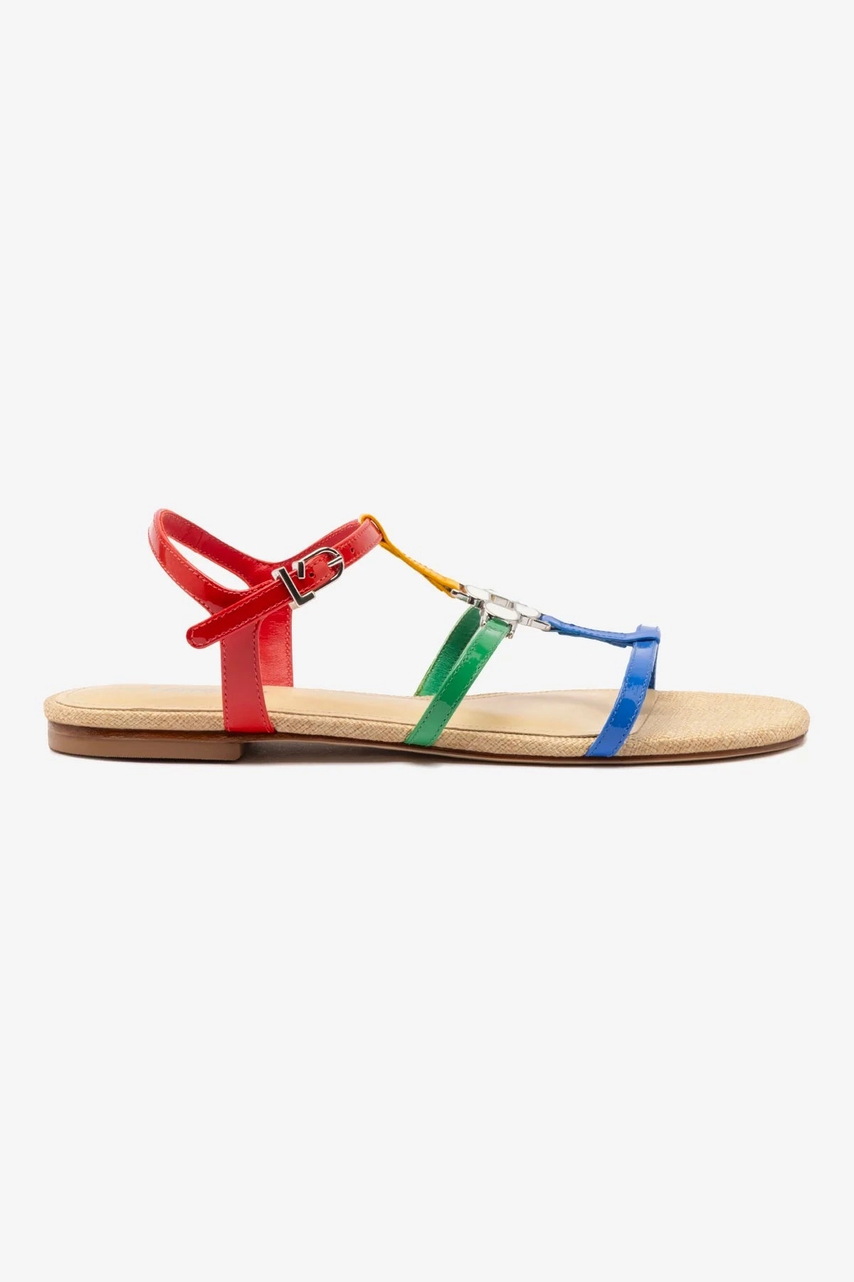 Effortless Comfort Lightweight Feel Hana Flat Sandal In Multicolor Patent Leather and Raffia