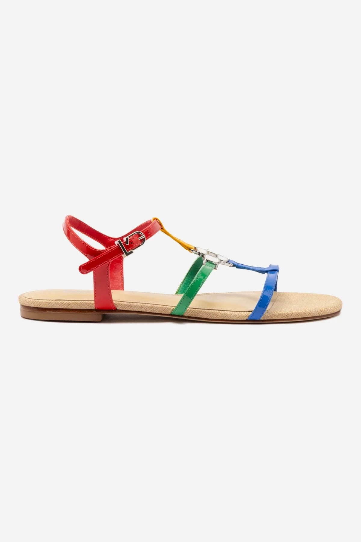 Hana Flat Sandal In Multicolor Patent Leather and Raffia lace up closure Velvet Touch