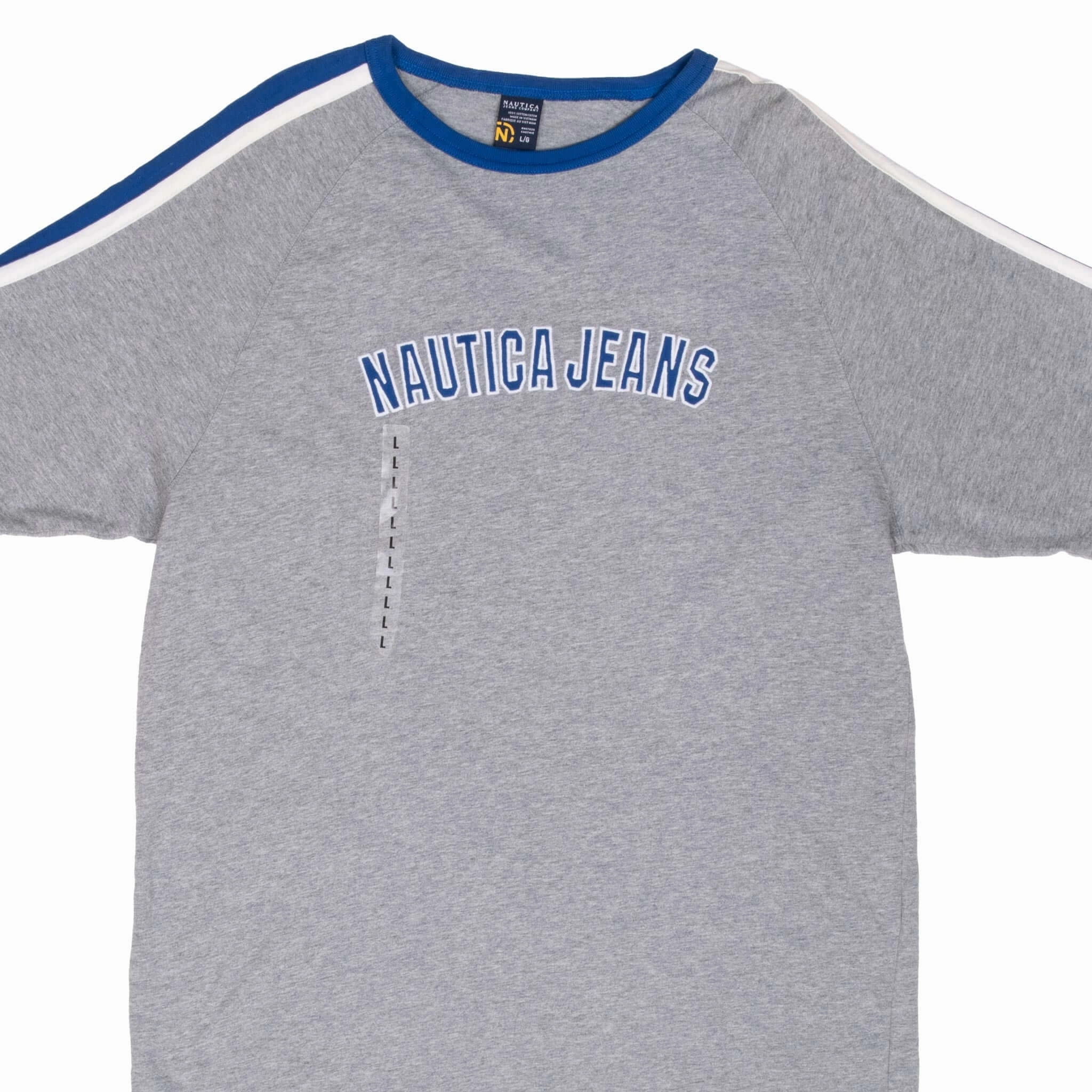 Flexible Ribbed Neckline Temperature Regulating Fabric VINTAGE NAUTICA JEANS GREY TEE SHIRT 2000S LARGE DEADSTOCK