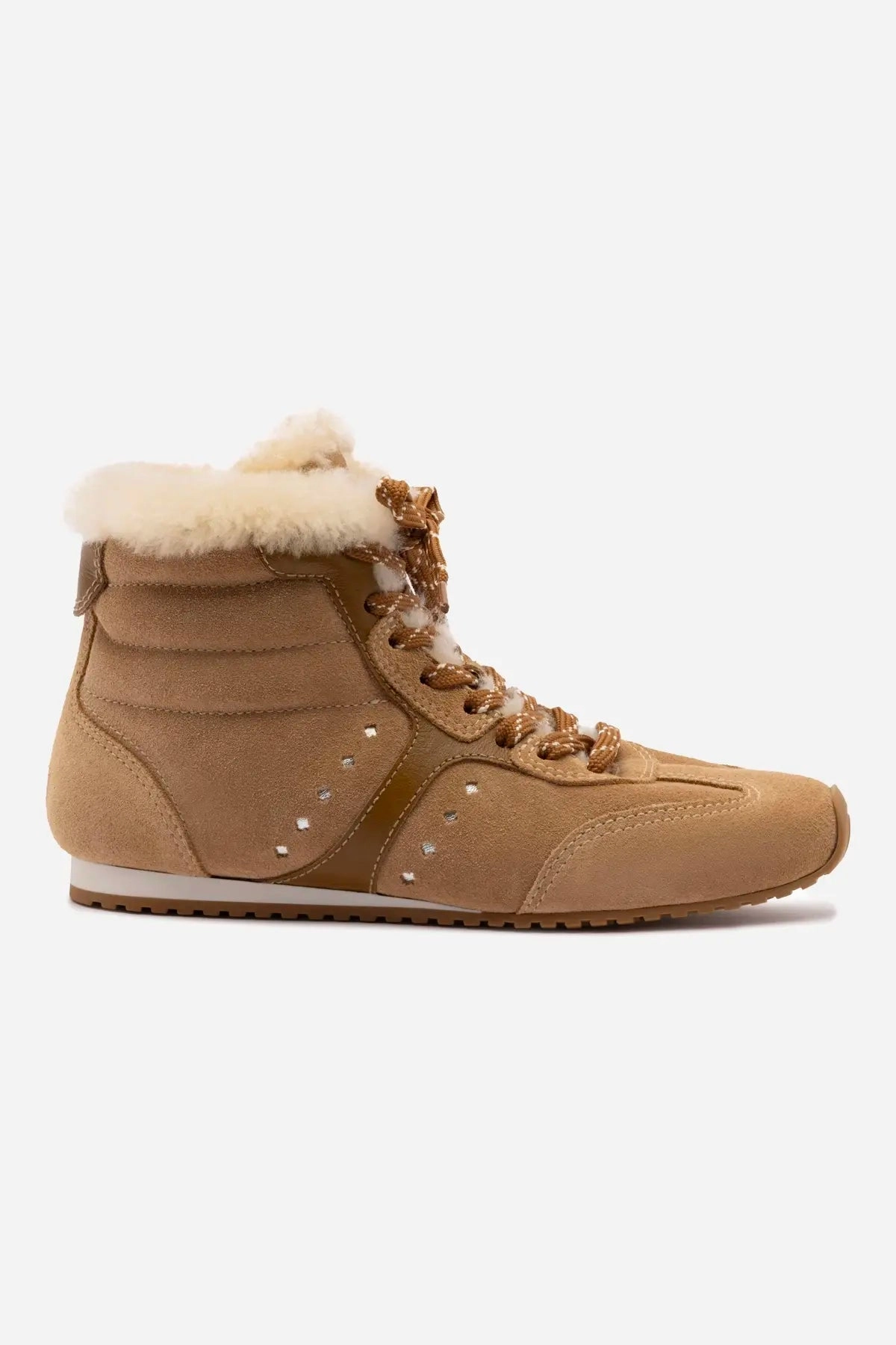 Stud Detail Stella Mid Sneaker In Peanut Suede And Natural Shearling