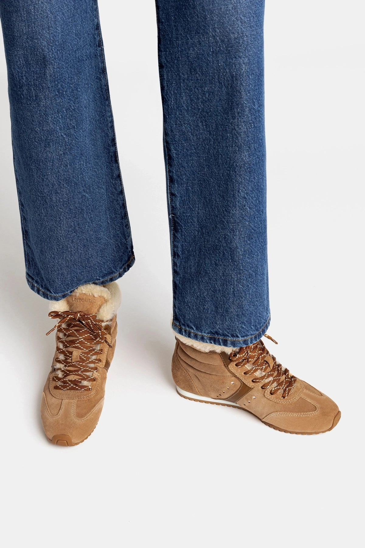 Style Meets Comfort Footwear Stella Mid Sneaker In Peanut Suede And Natural Shearling