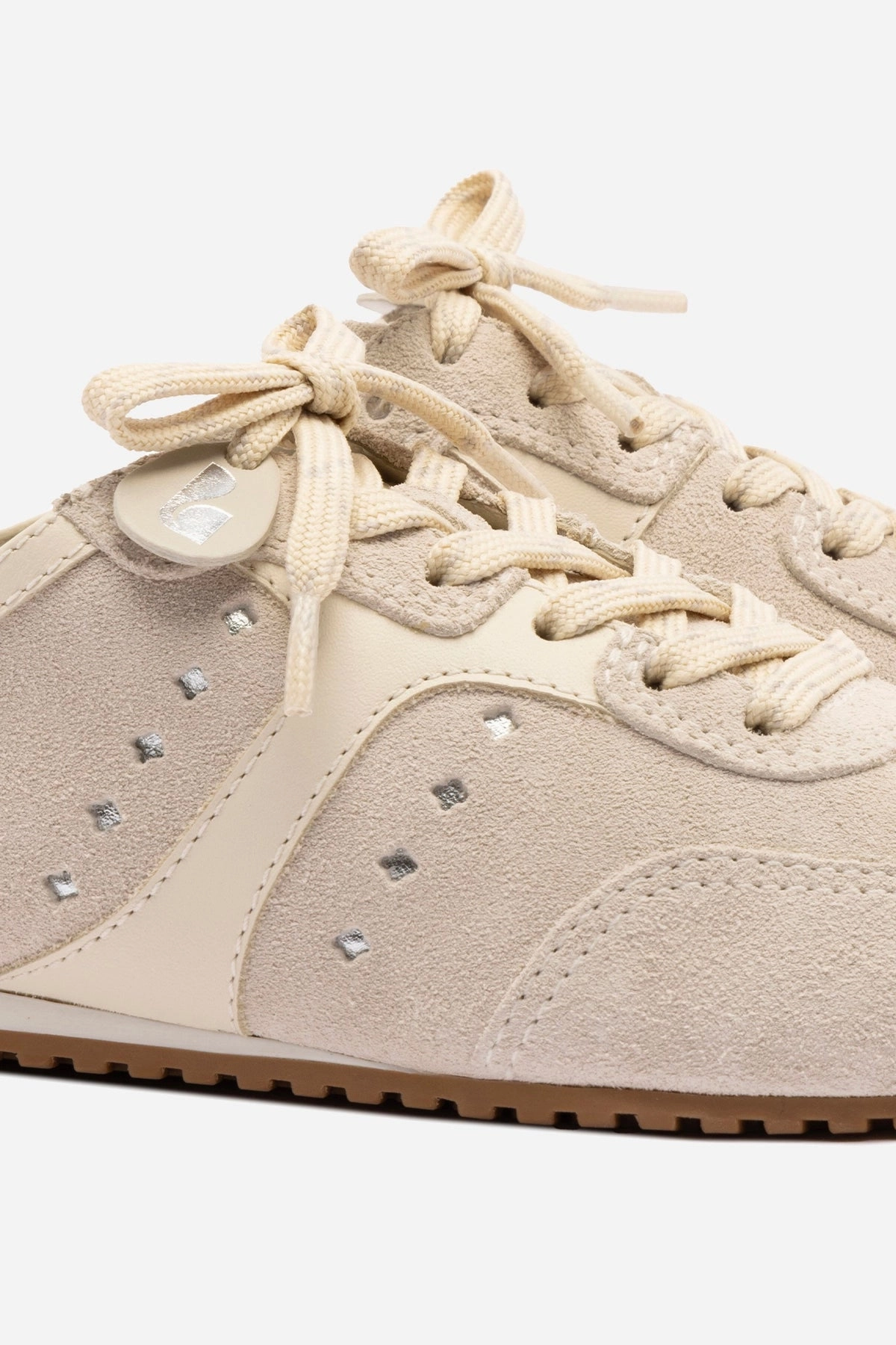 Sand Ready Stella Mule In Mushroom Grey Suede and Ivory Leather