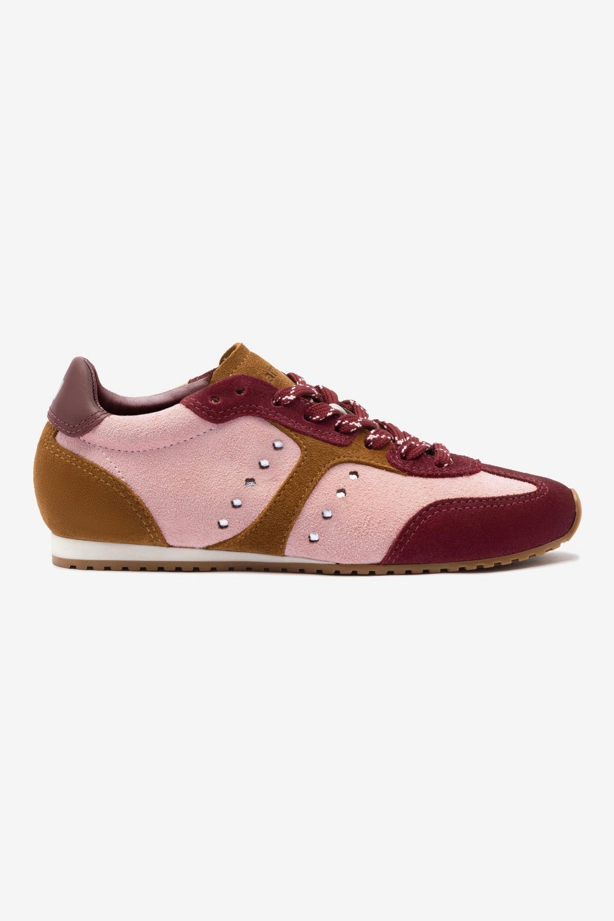 Stella Sneaker In Tulip, Russet and Wine Suede and Silver Metallic Leather Life Glow