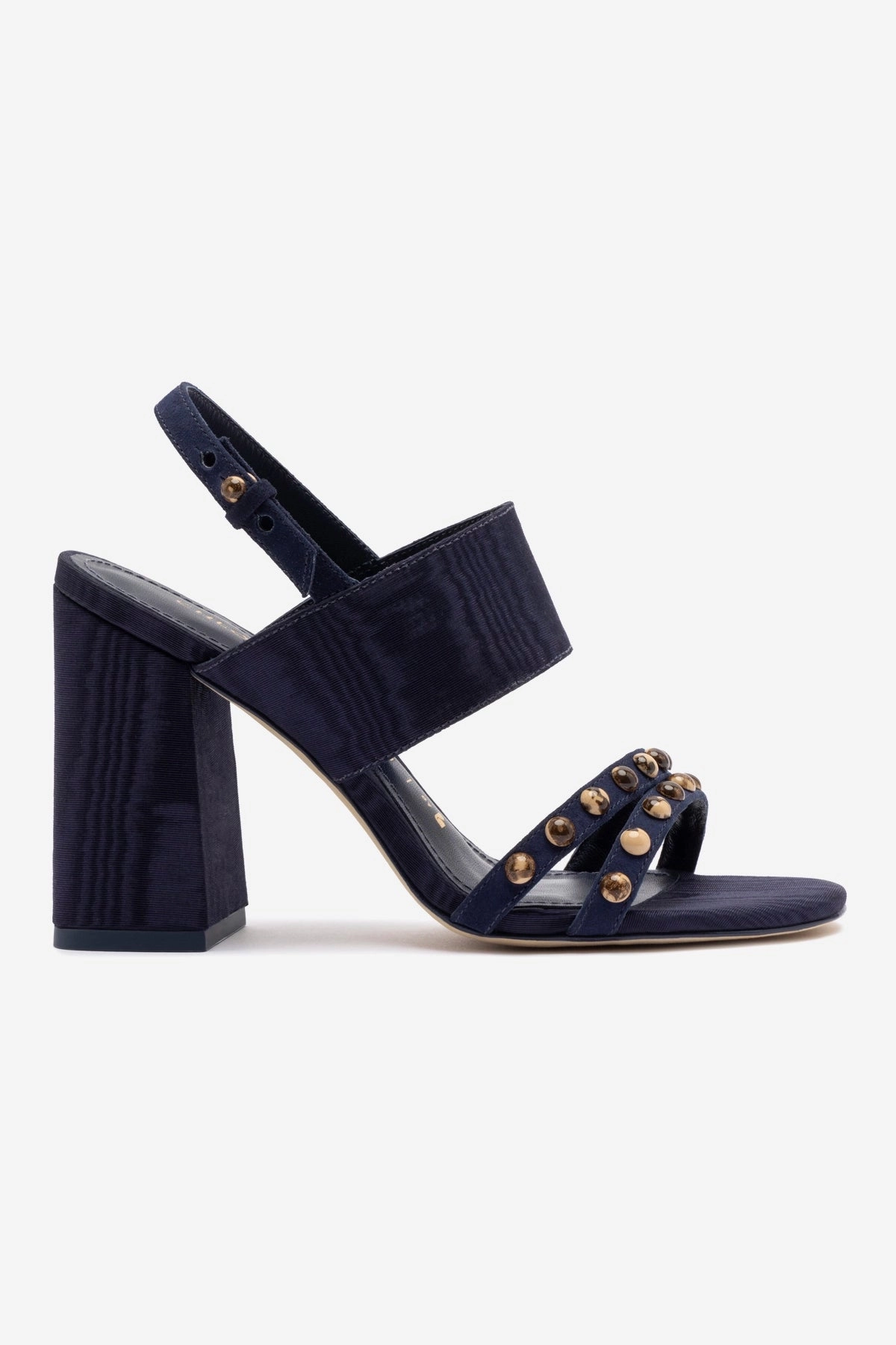 Chloe Gosselin by Larroud?? Margot Sandal In Deep Navy Suede and Navy Satin Comfortable Buckle Bold Silhouette