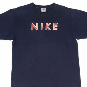 Breathable Stretch VINTAGE NIKE SPELLOUT EMBROIDERED NAVY BLUE TEE SHIRT 1990S SIZE LARGE