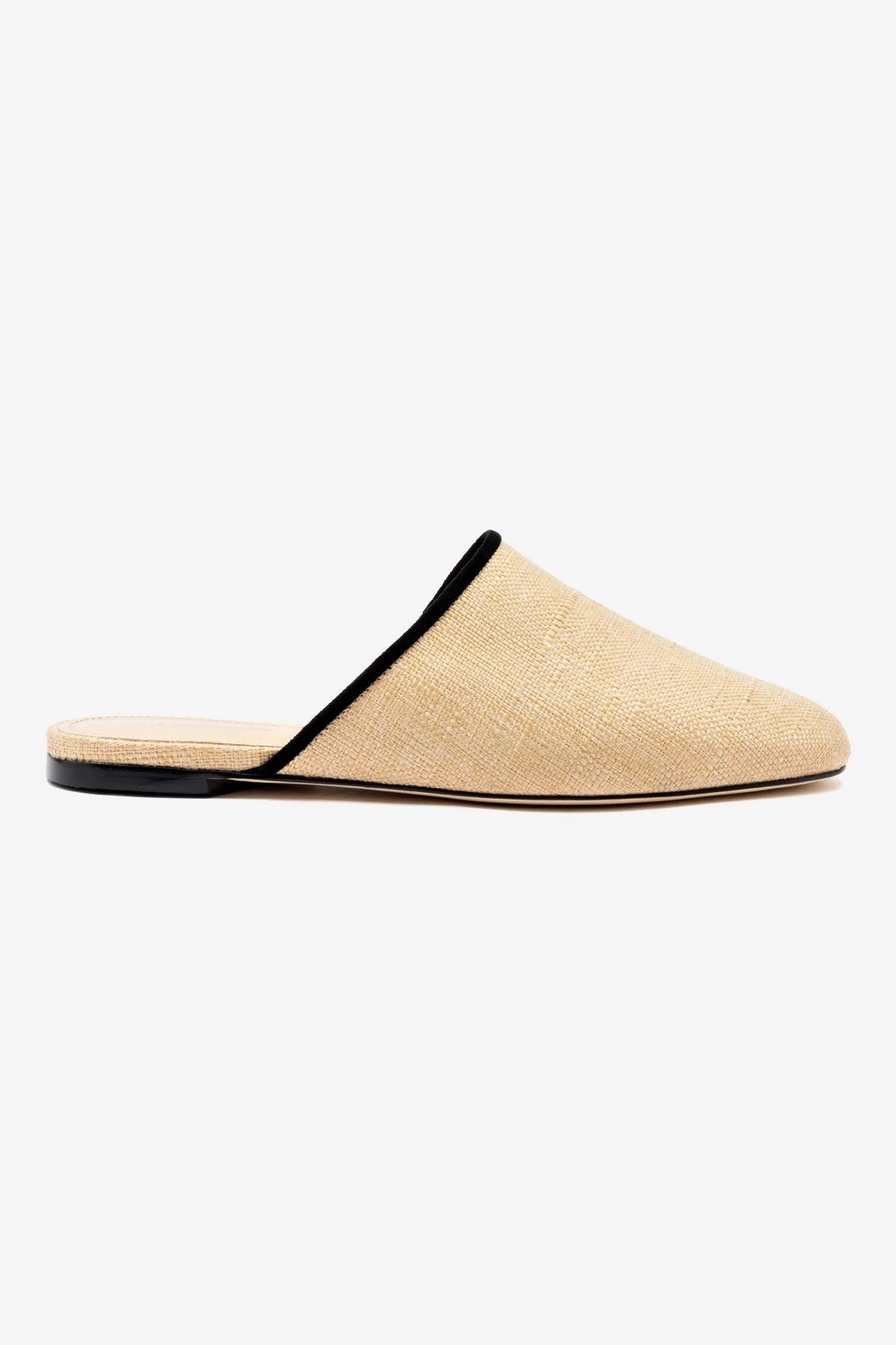 Market Glow Boutique Trip Venice Flat Mule In Beige Raffia and Black Trimming