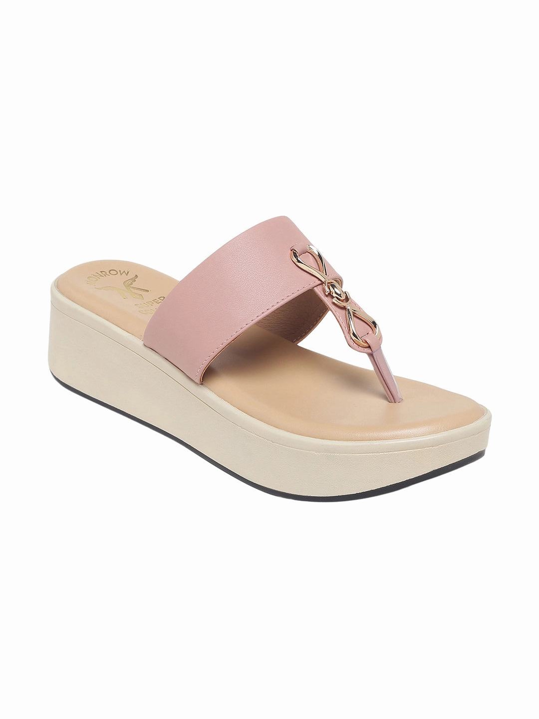 Quick Rest Anti Slip Meera T-Strap Gleam Trim Pink Flatform Sandals