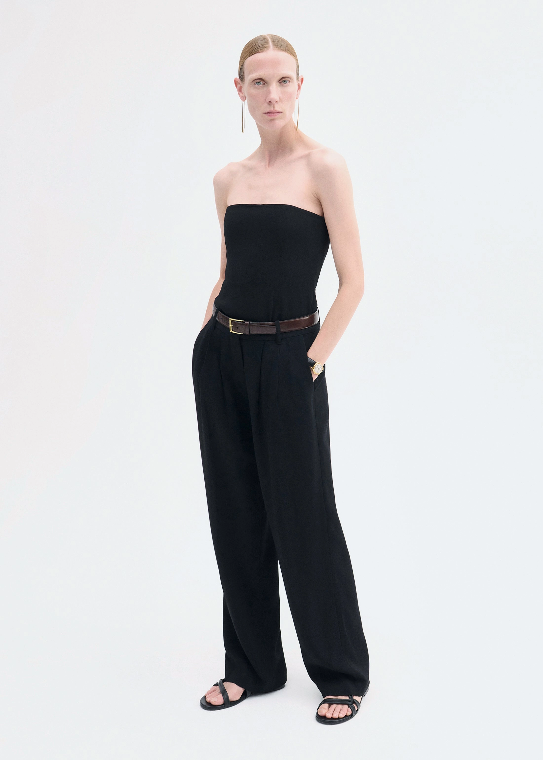 Pleat Front Trouser in Crepe - Black Flexible Waist Outdoor Friendly