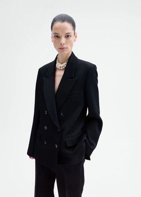 Textured Tuxedo Blazer in Virgin Wool - Black Secure Zip Pockets