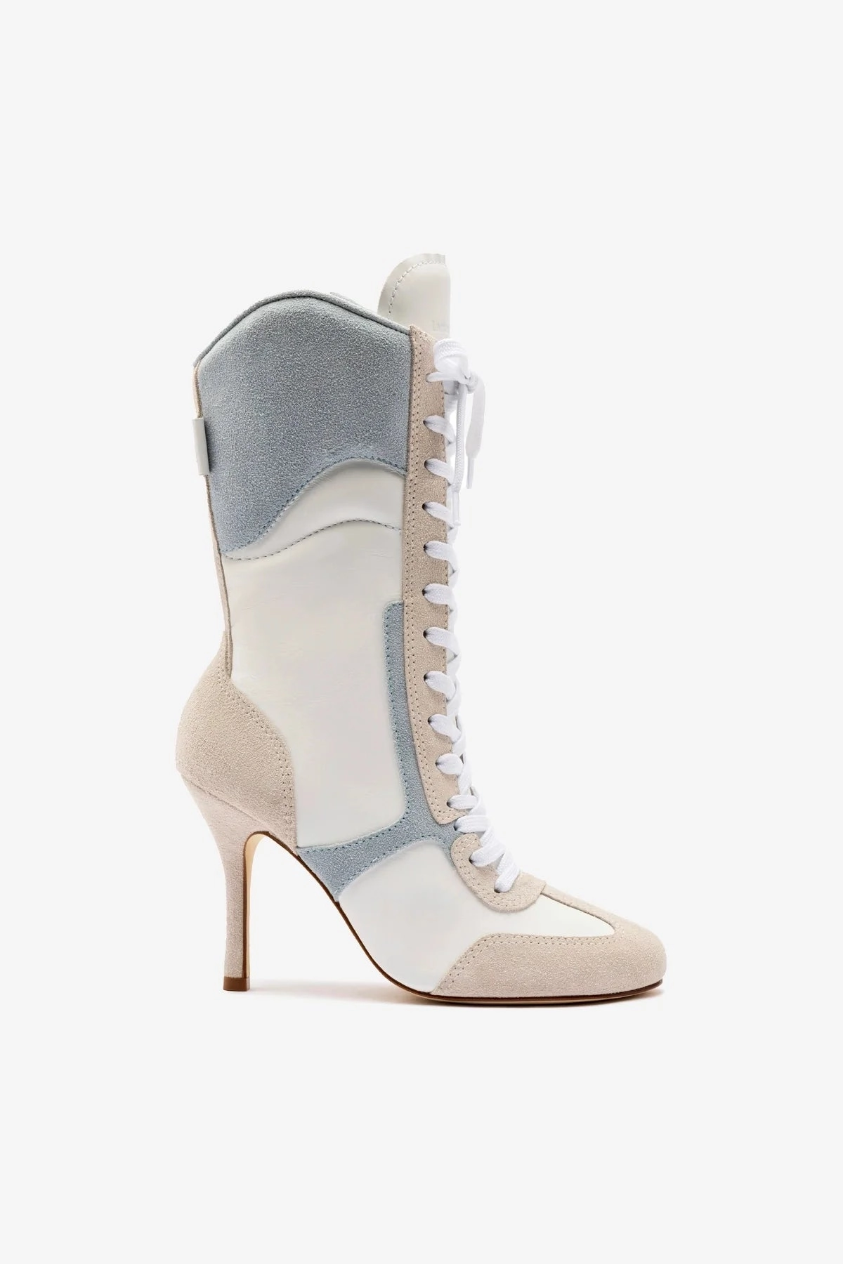 Larroud?? x Jonathan Cohen High Heel Sneaker Boot In White Leather, Maya and Mushroom Grey Suede BreathableMesh
