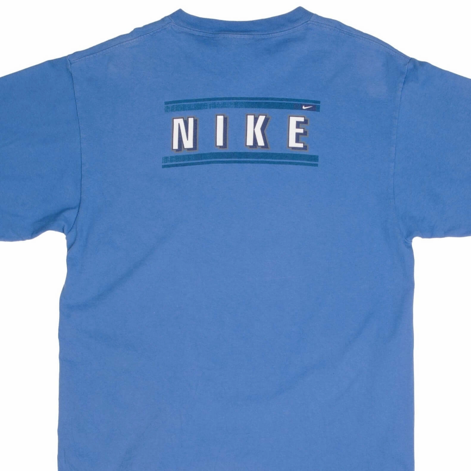 VINTAGE NIKE BACK PRINT BLUE TEE SHIRT 1990S SIZE MEDIUM Pocket Reinforcement V neck style