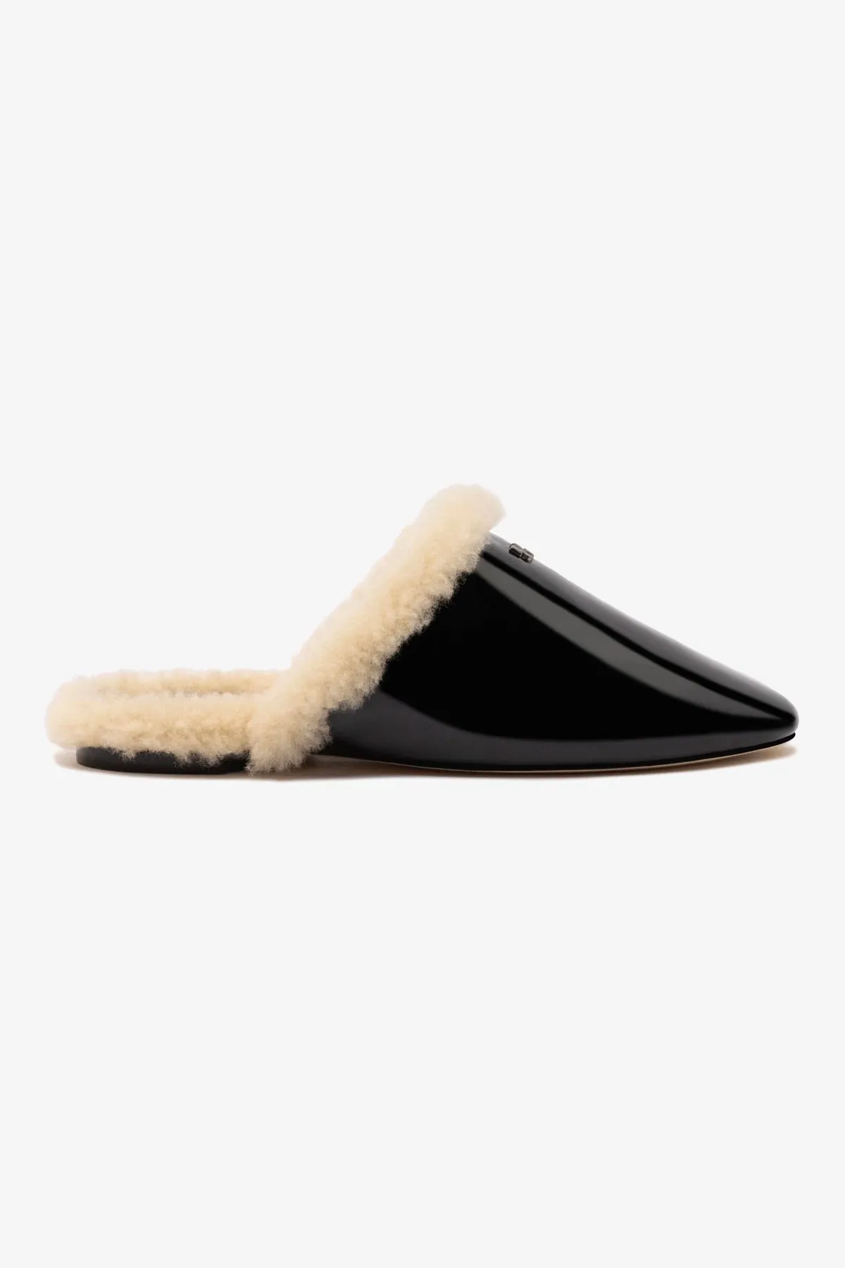 Any Day Comfort Venice Flat Mule In Black Patent Leather And Natural Shearling