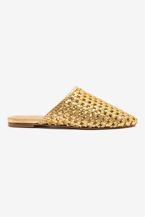 Venice Macrame Flat Mule In Gold Metallic Leather Flexible structure