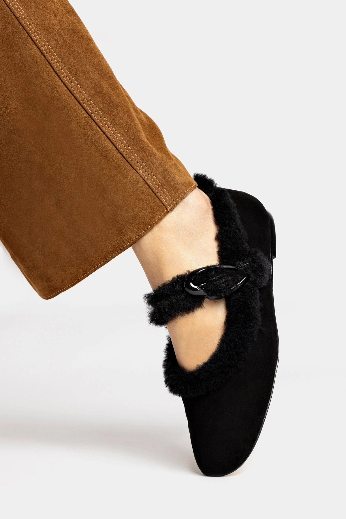 Gallery Visit Roll Up Verona Ballet Flat In Black Suede And Black Shearling