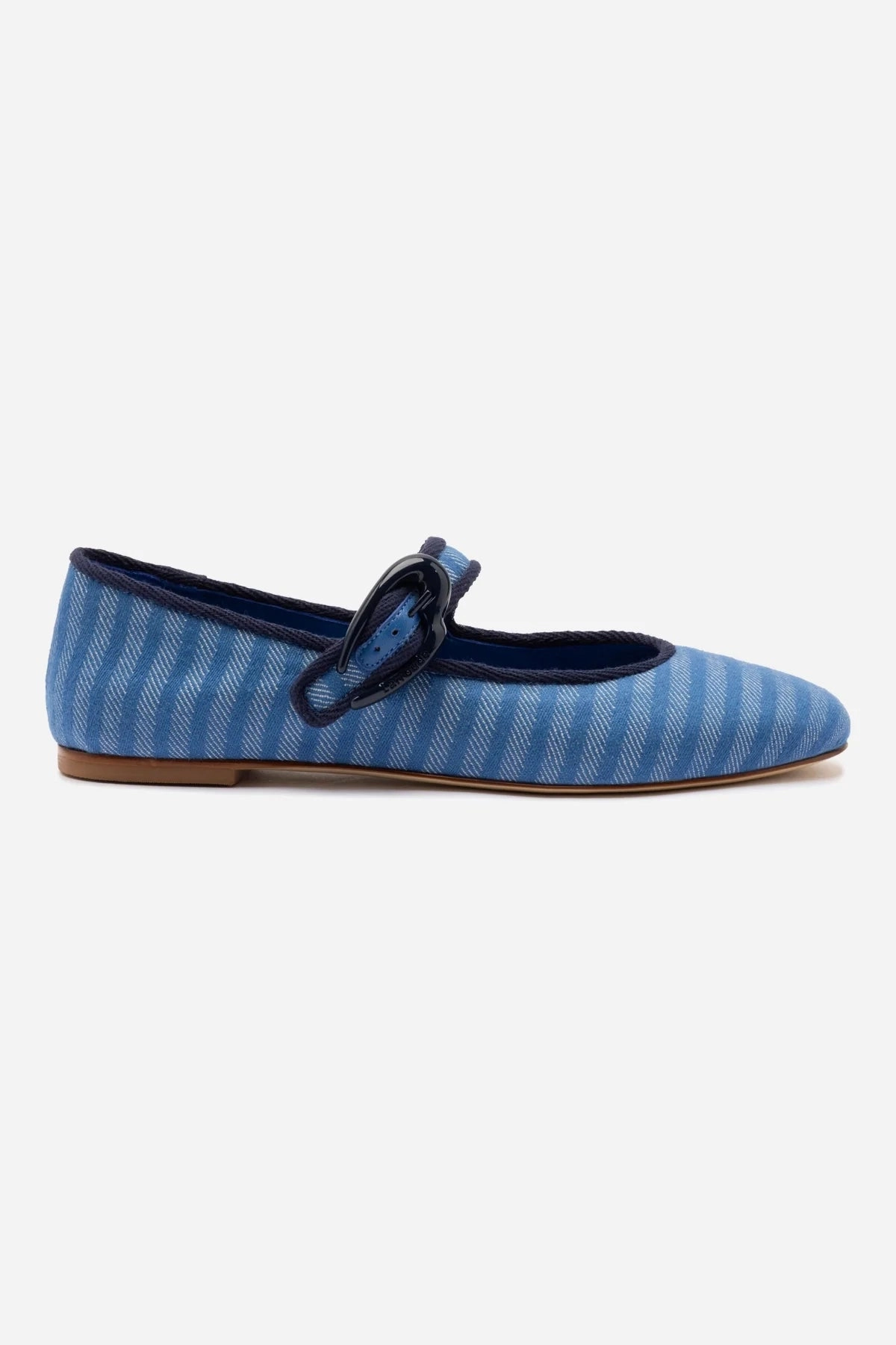 Easy To Clean Verona Ballet Flat In Egyptian Blue Striped Fabric and Navy Trimming