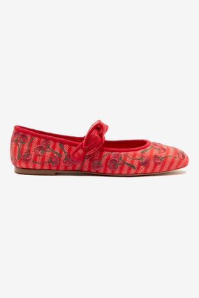 Plaza Mood Minimalist Design Verona Ballet Flat In Raspberry Striped Fabric and Cherry Embroidery