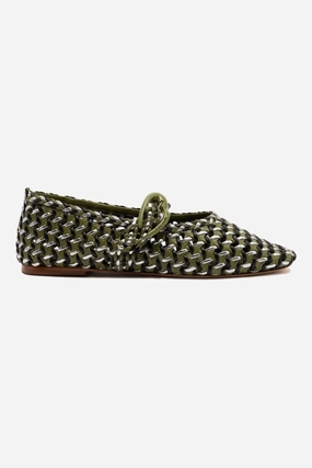 Friend Glow Outdoor Easy Verona Macrame Ballet Flat In Seaweed, Black and Silver Metallic Leather