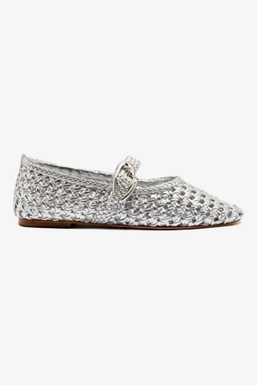 Padded collar Open Toe Verona Macrame Ballet Flat In SIlver Metallic Leather