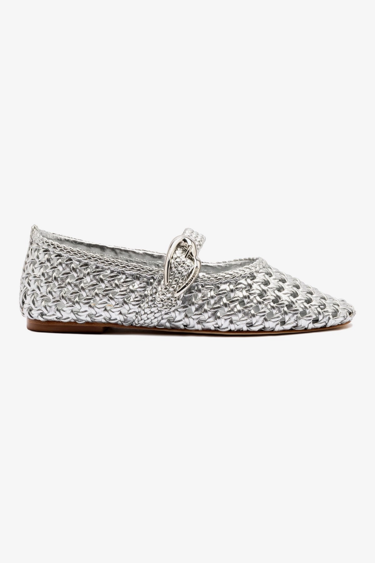 Padded collar Open Toe Verona Macrame Ballet Flat In SIlver Metallic Leather