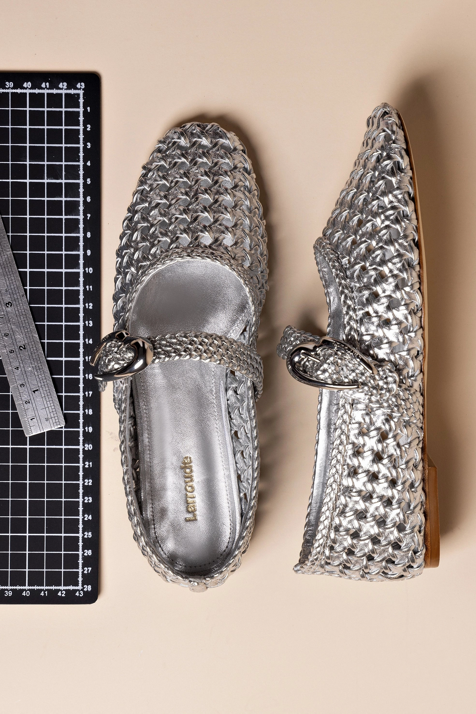 Self Care Verona Macrame Ballet Flat In SIlver Metallic Leather