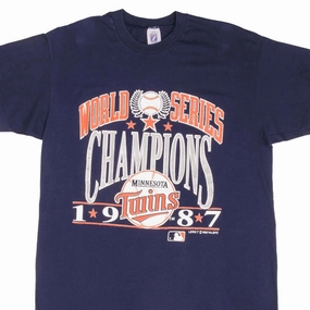 VINTAGE MLB MINNESOTA TWINS WORLD CHAMPIONS 1987 TEE SHIRT SZE LARGE MADE IN USA Wrinkle Resistant Texture Anti-bacterial