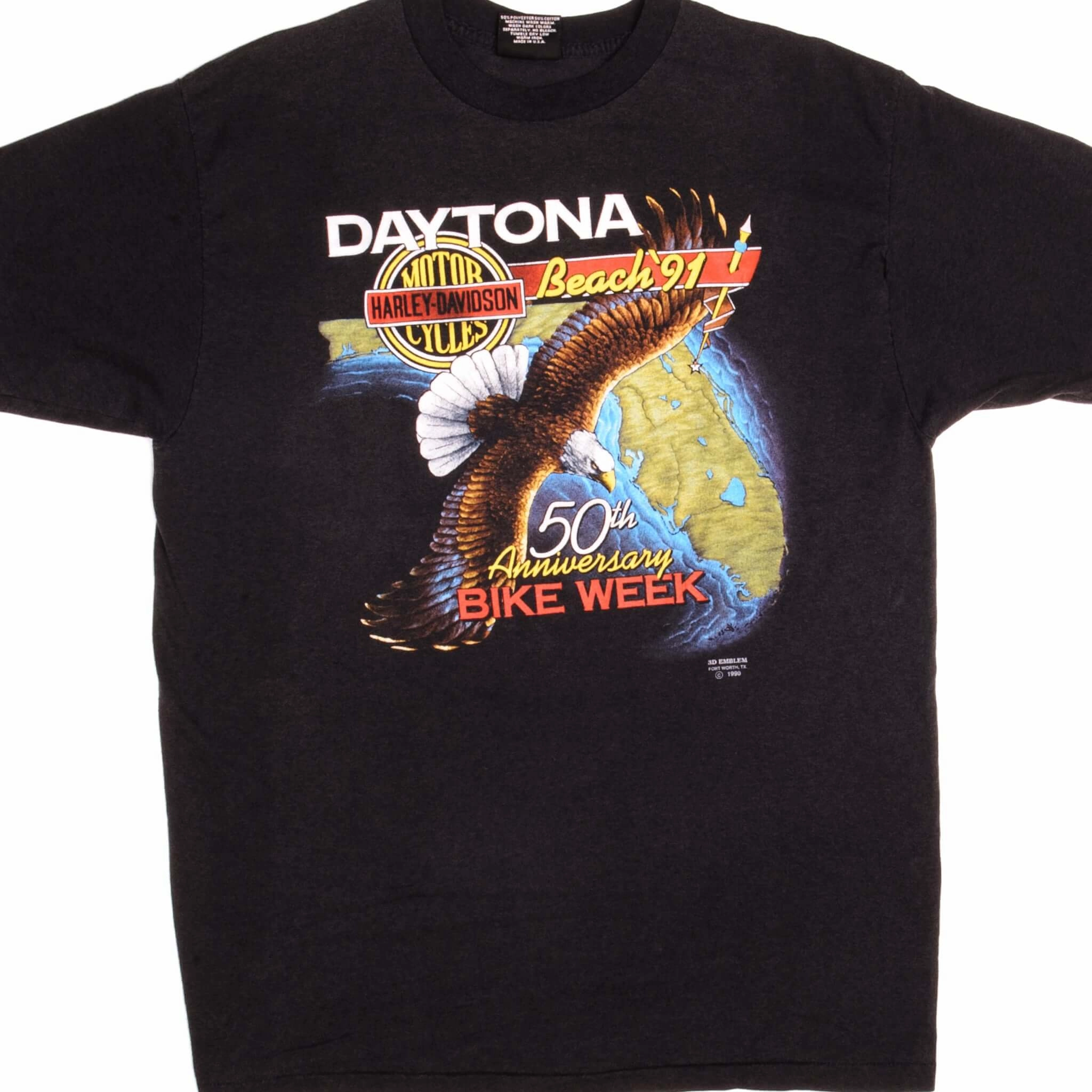 VINTAGE 3D EMBLEM HARLEY DAVIDSON DAYTONA BIKE WEEK TEE SHIRT 1991 LARGE MADE US Smart Fit