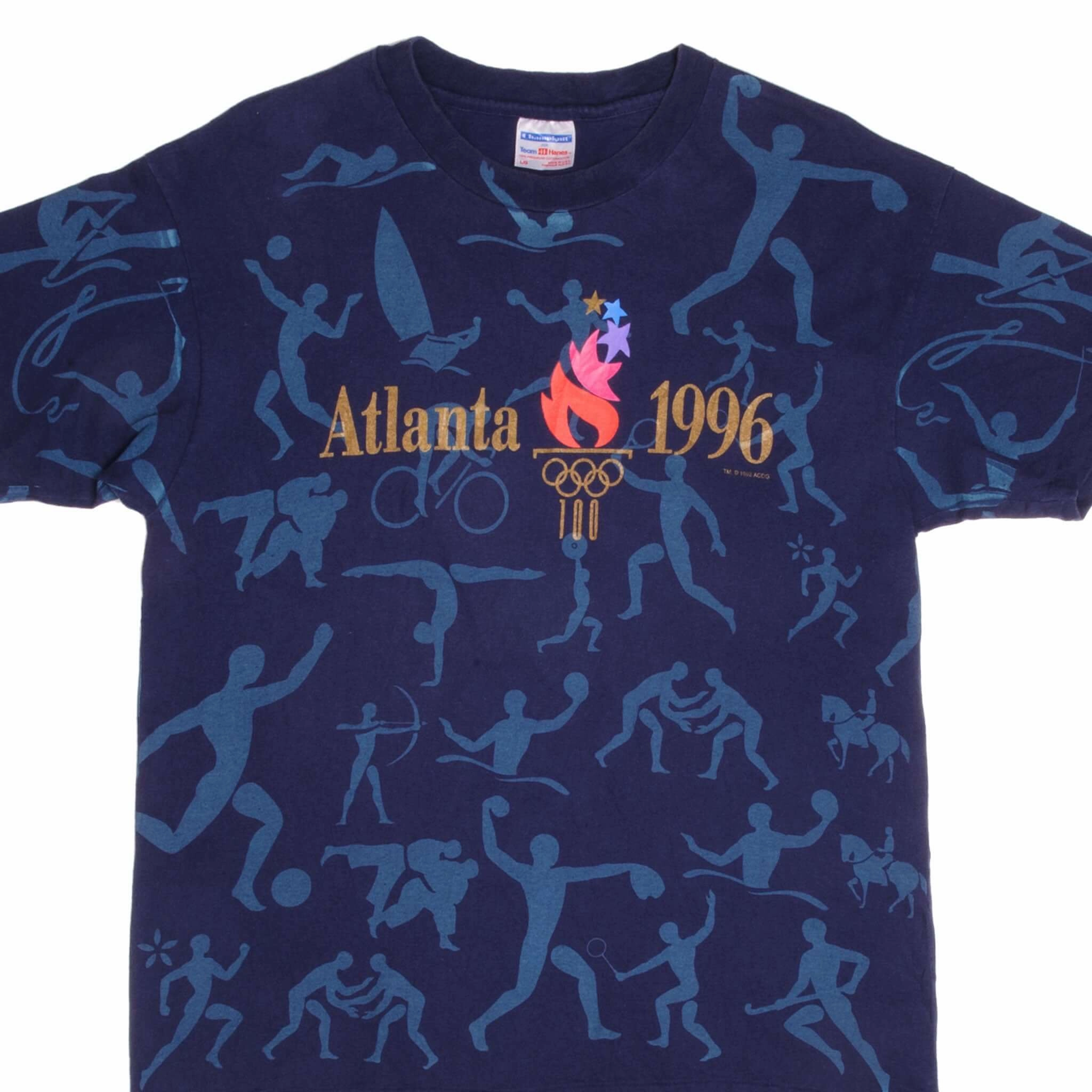 Casual Elegance Breathable Style VINTAGE ALL OVER PRINT ATLANTA OLYMPICS 1996 TEE SHIRT SIZE LARGE MADE IN USA
