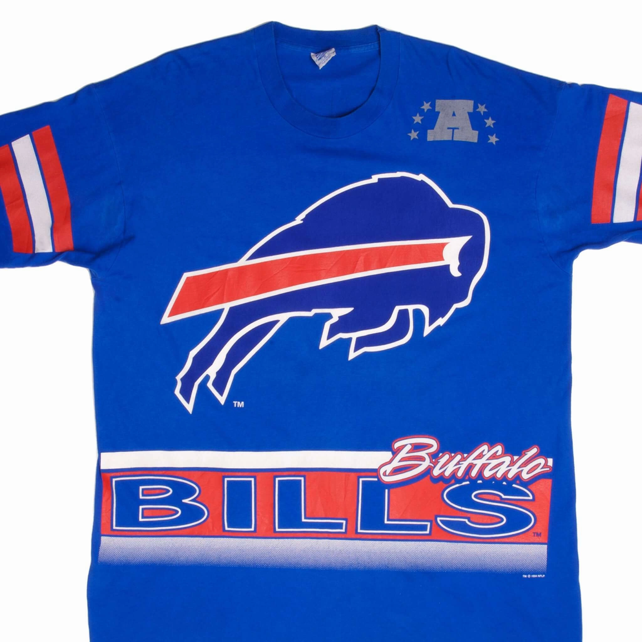 VINTAGE ALL OVER PRINT NFL BUFFALO BILLS TEE SHIRT 1994 SIZE XL MADE IN USA AdvancedMoistureManagement No Shrink Technology