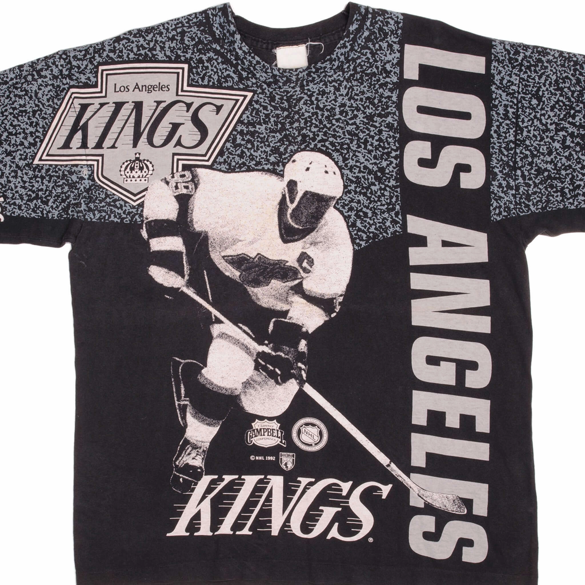 VINTAGE ALL OVER PRINT NHL LOS ANGELES KINGS TEE SHIRT 1992 SIZE XL MADE IN USA Layered Collar