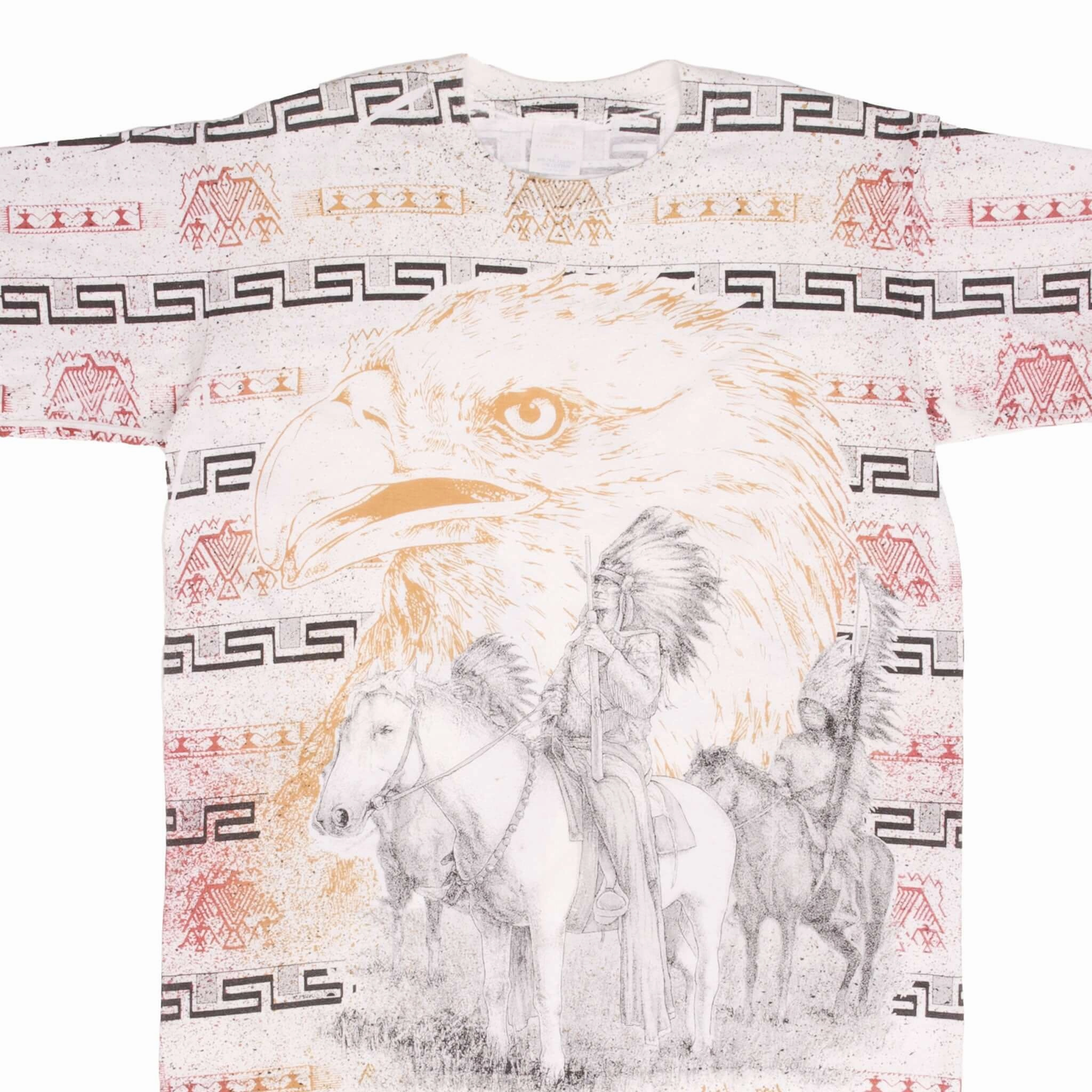 VINTAGE BALD EAGLE INDIAN AMERICAN ALL OVER PRINT TEE SHIRT LARGE MADE IN USA Casual Essential Wear