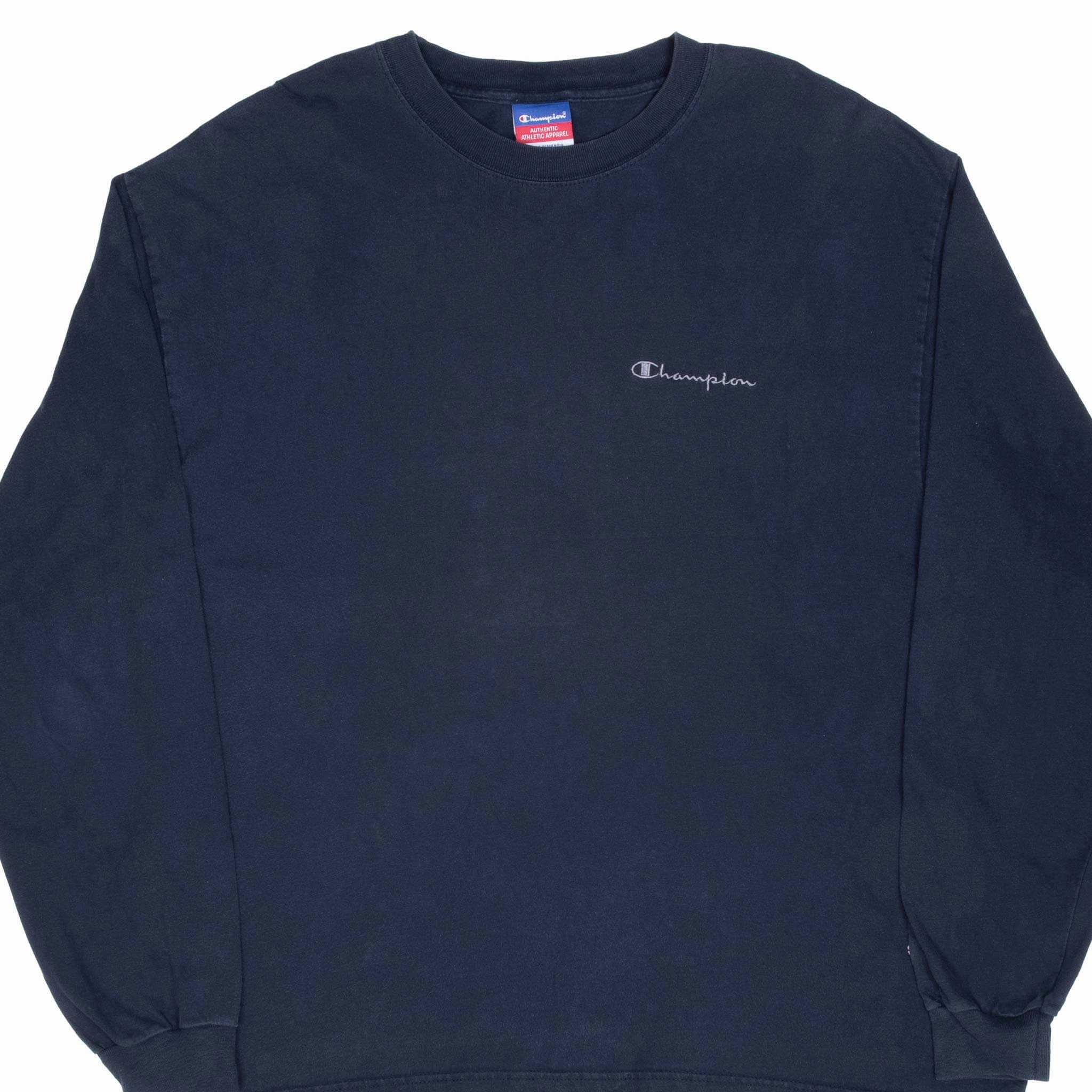 Abstract print Garment Washed Texture VINTAGE CHAMPION EMBROIDERED LONG SLEEVE BLUE TEE SHIRT 2000S XL