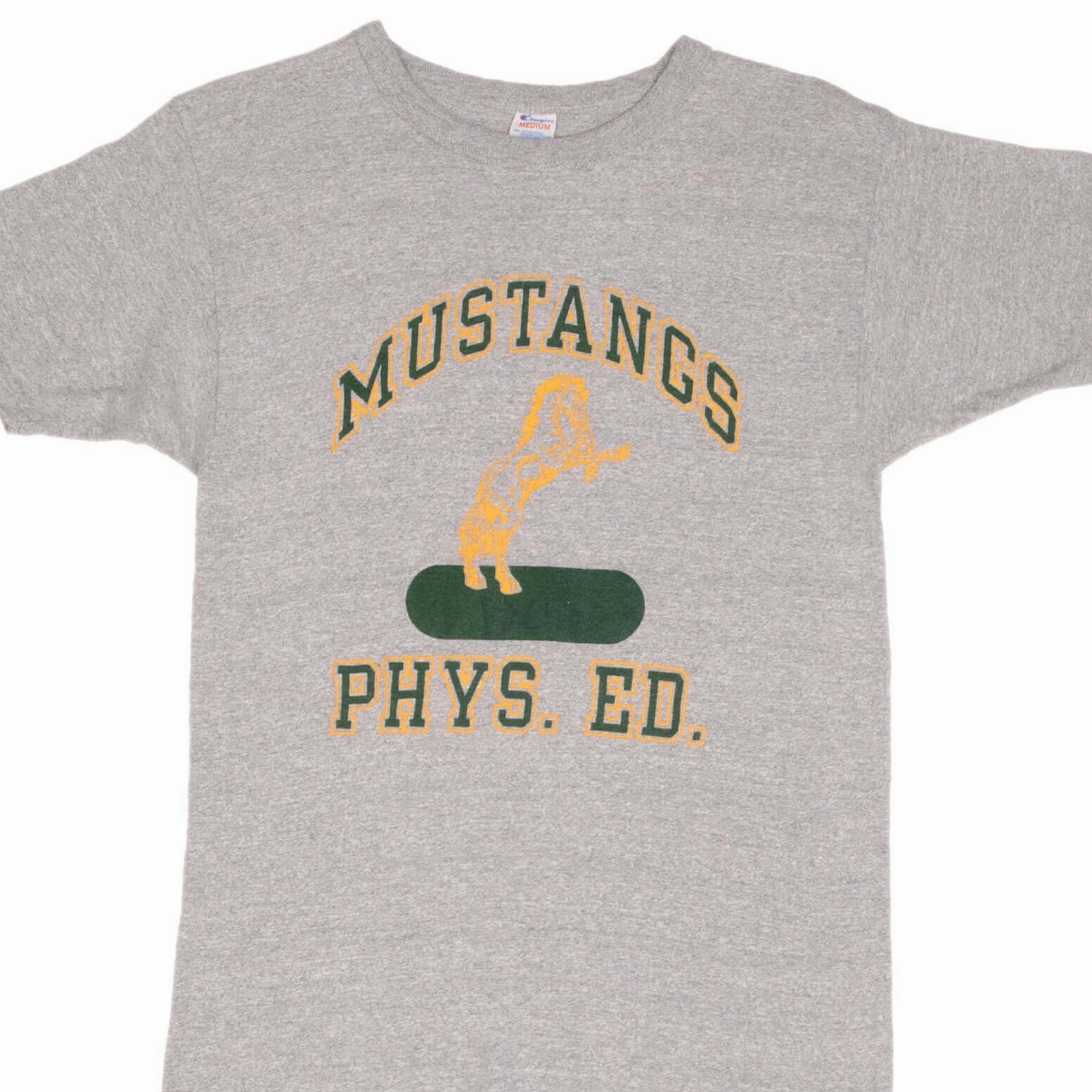 VINTAGE CHAMPION MUSTANGS PHYSICAL EDUCATION TEE SHIRT 1980S SMALL MADE IN USA On-the-Go Comfort