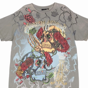 Abstract print VINTAGE CHRISTIAN AUDIGIER RHINESTONES SKULL TEE SHIRT 2000S XL MADE IN USA
