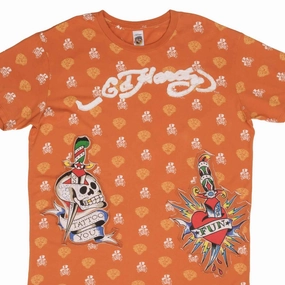 VINTAGE ED HARDY PATCH ALL OVER PRINT TEE SHIRT 2000S SIZE XL MADE IN USA Breezy Design