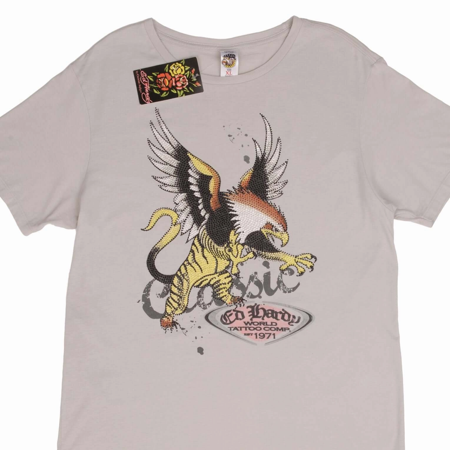 Stretch Material VINTAGE ED HARDY RHINESTONES TEE SHIRT 2000S SIZE MEDIUM DEADSTOCK