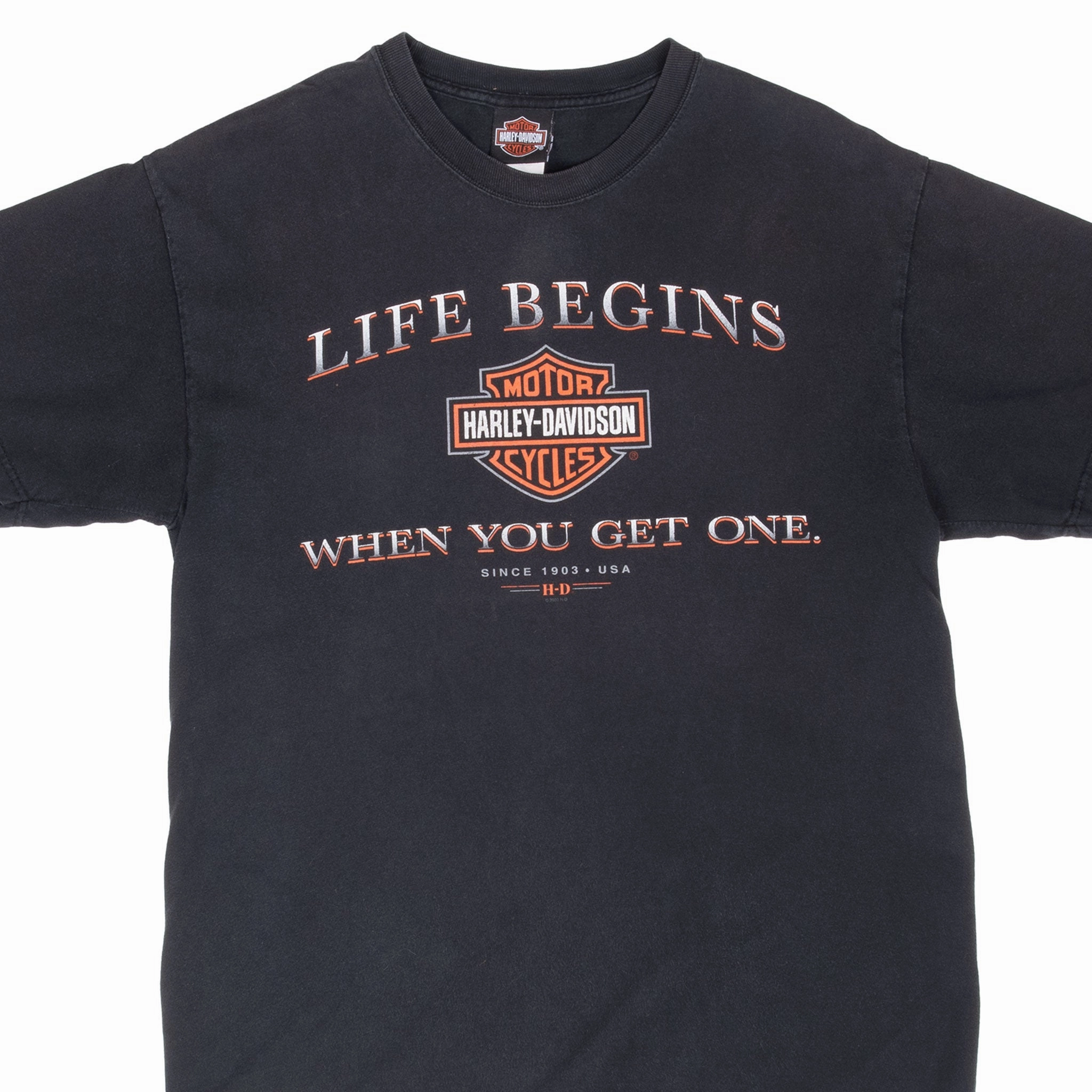Sustainable Material Blend Light Layers VINTAGE HARLEY DAVIDSON LIFE BEGINS TEE SHIRT 2003 LARGE MADE IN USA