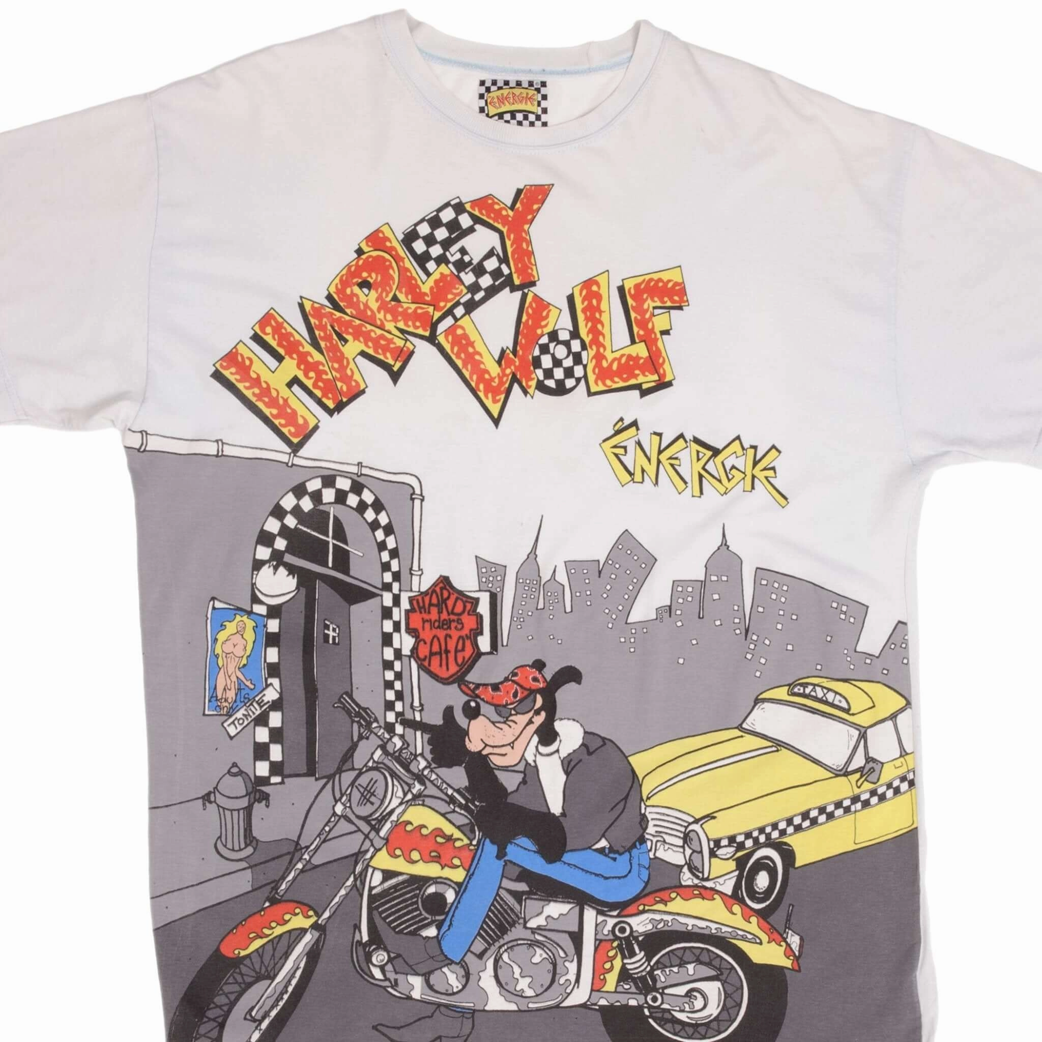 UV Protective Coating Sporty Top VINTAGE HARLEY WOLF ENERGIE BIKER ALL OVER PRINT TEE SHIRT 1990S XL MADE ITALY