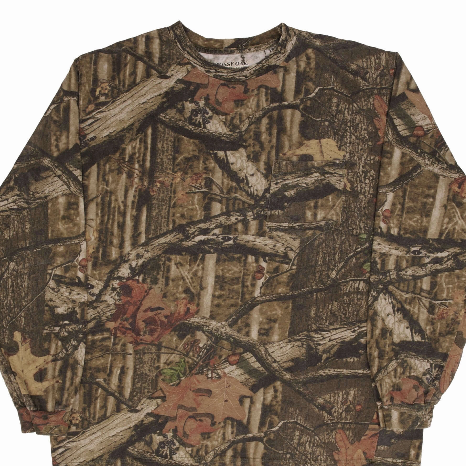 VINTAGE HUNTING MOSSY OAK BREAK UP CAMO LONG SLEEVE POCKET TEE SHIRT SIZE XL sequined details