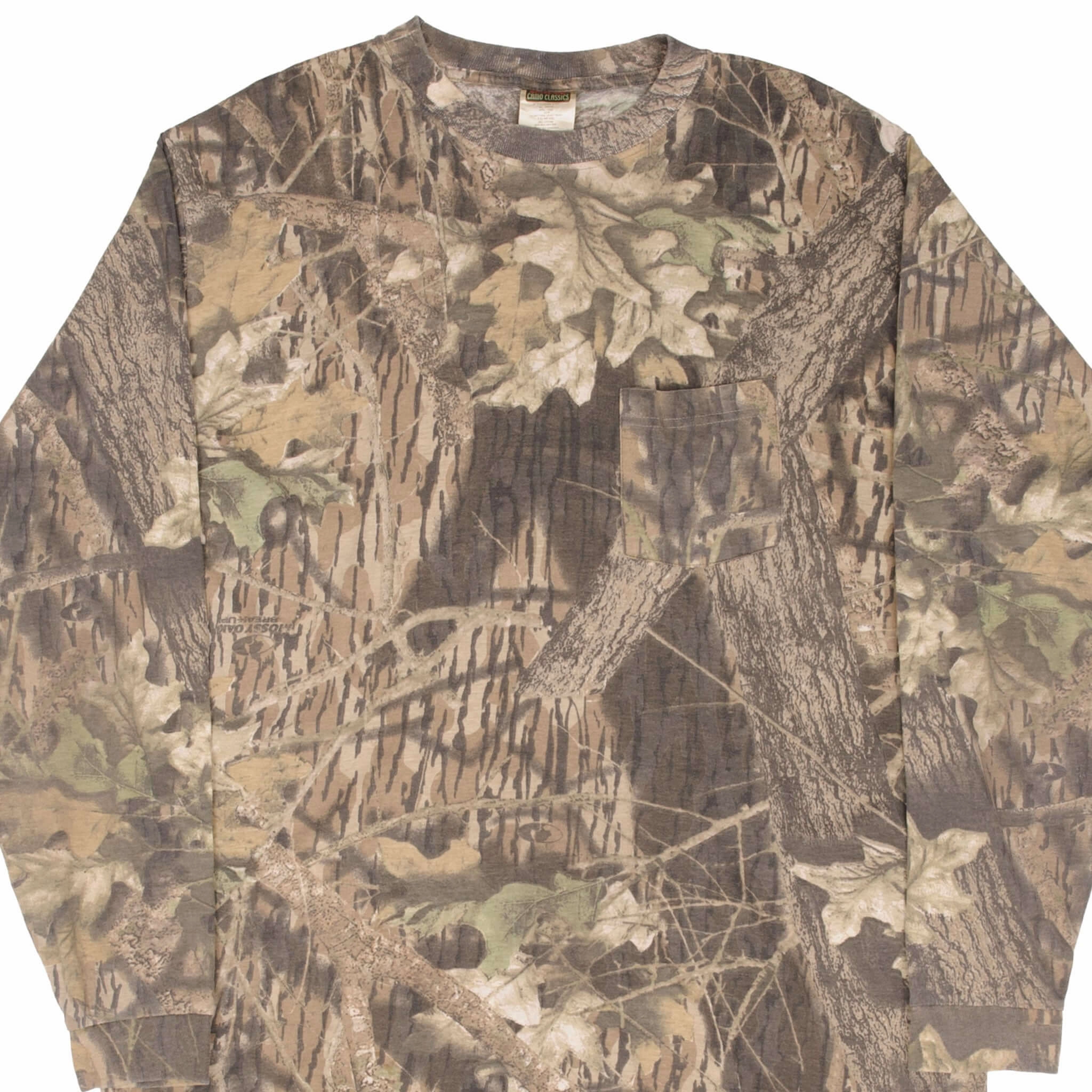 adults' Reinforced Shoulder Seams VINTAGE HUNTING MOSSY OAK CAMO LONG SLEEVE POCKET TEE SHIRT SIZE XL