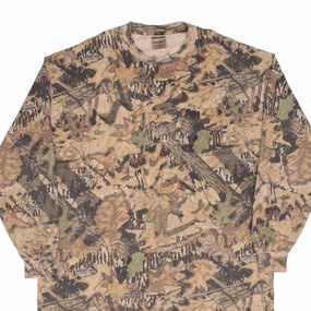 VINTAGE HUNTING MOSSY OAK FOREST FLOOR CAMO LONG SLEEVE POCKET TEE SHIRT 2XL Stretch Fit Flattering Cut